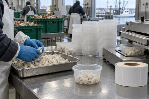 AI-generated illustration: Seafood packing tubs beside crab meat on a stainless steel production line.