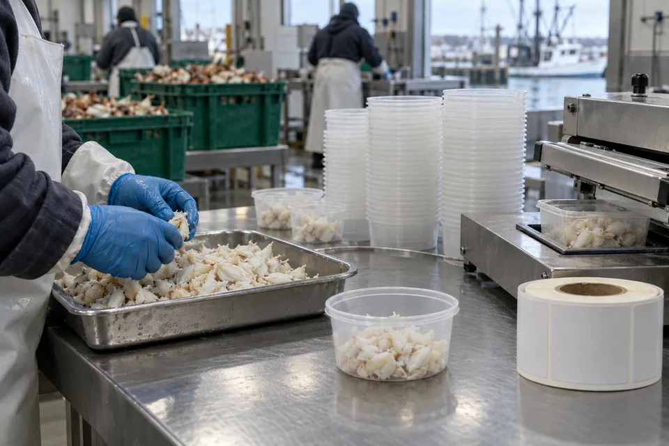 AI-generated illustration: Seafood packing tubs beside crab meat on a stainless steel production line.
