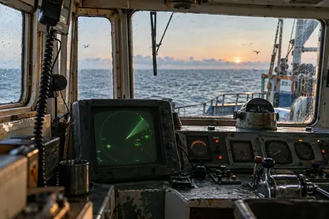 AI-generated illustration: Navigation instruments on a ship’s bridge, with open sea beyond.