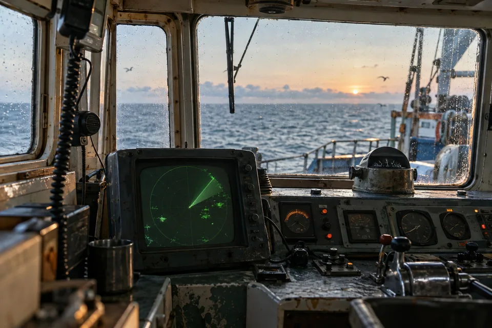 AI-generated illustration: Navigation instruments on a ship’s bridge, with open sea beyond.