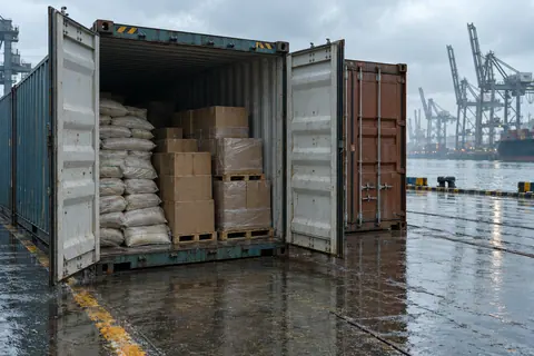 AI-generated illustration: Open freight containers at a rain-wet cargo inspection yard.