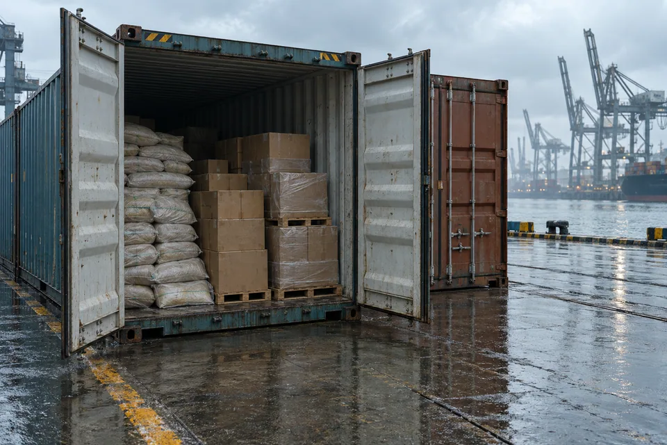 AI-generated illustration: Open freight containers at a rain-wet cargo inspection yard.