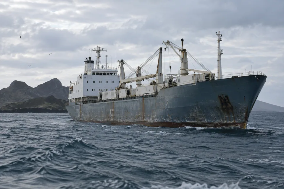 AI-generated illustration: An unmarked refrigerated cargo ship near dark volcanic islands.