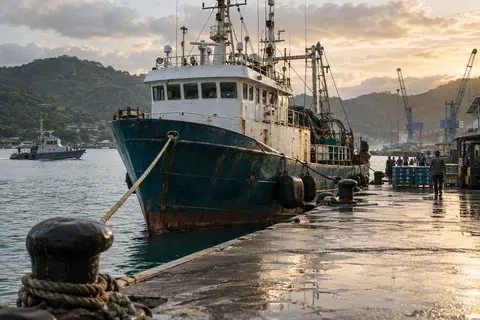 AI-generated illustration: A fishing vessel moored at a tropical port, with a patrol launch nearby.