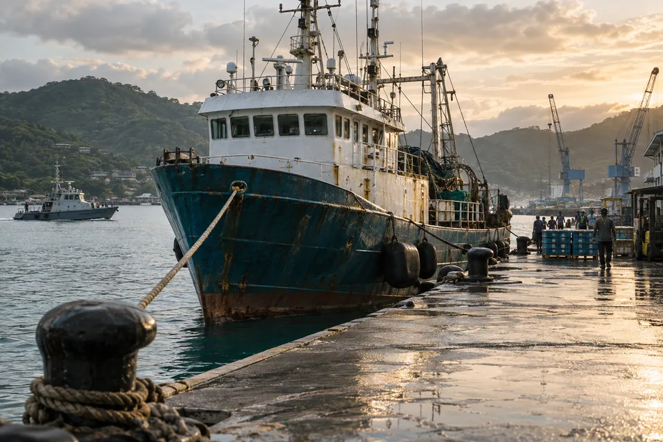 AI-generated illustration: A fishing vessel moored at a tropical port, with a patrol launch nearby.