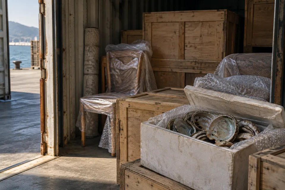 AI-generated illustration: Unmarked cargo crates and a wrapped chair in a freight warehouse.