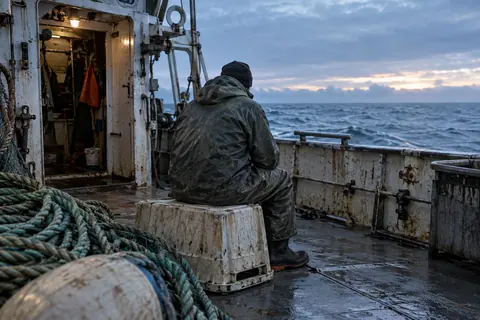 AI-generated illustration: An anonymous crew member resting beside a working deck at dawn.
