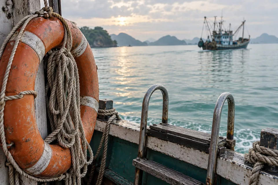 AI-generated illustration: A lifebuoy and boarding ladder above calm tropical water.