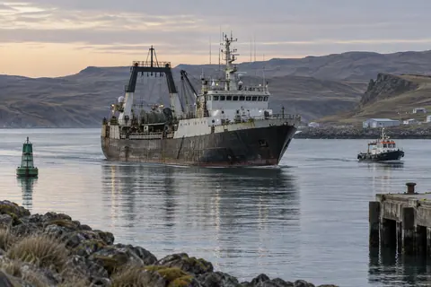 AI-generated illustration: A fishing vessel entering a sheltered Patagonian port.