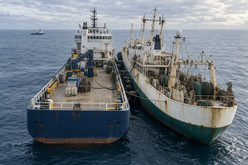 AI-generated illustration: A supply vessel alongside a fishing vessel in calm open water.