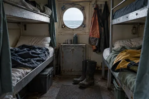 AI-generated illustration: Empty ship bunks, hanging workclothes and worn boots beside a porthole.