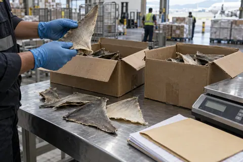 AI-generated illustration: A parcel inspection station with unmarked boxes and a weighing scale.