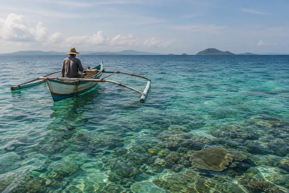 AI-generated illustration: A wooden outrigger fishing boat above shallow tropical reef water.