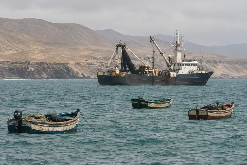 AI-generated illustration: An industrial fishing vessel anchored off Peru’s arid coast.