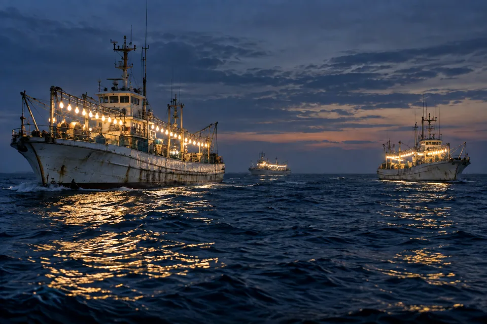 AI-generated illustration: Squid-jigging vessels illuminate the sea at blue hour.
