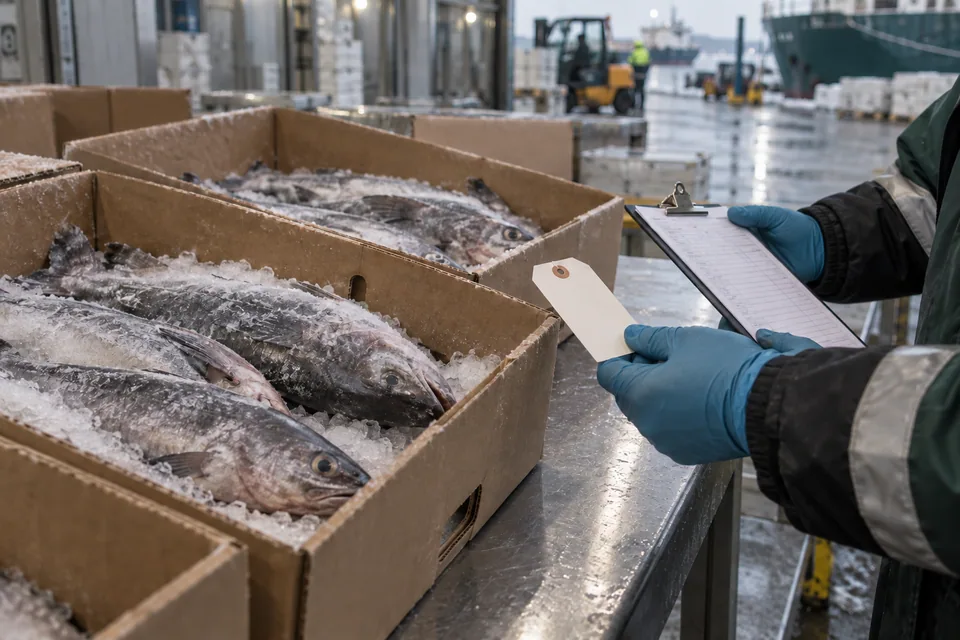 AI-generated illustration: Frozen fish cartons on an inspection table in a port cold store.
