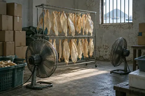 AI-generated illustration: Fans and packing materials in a sparse storage room.