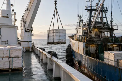 AI-generated illustration: A cargo crane moves a chilled freight sling between working vessels.
