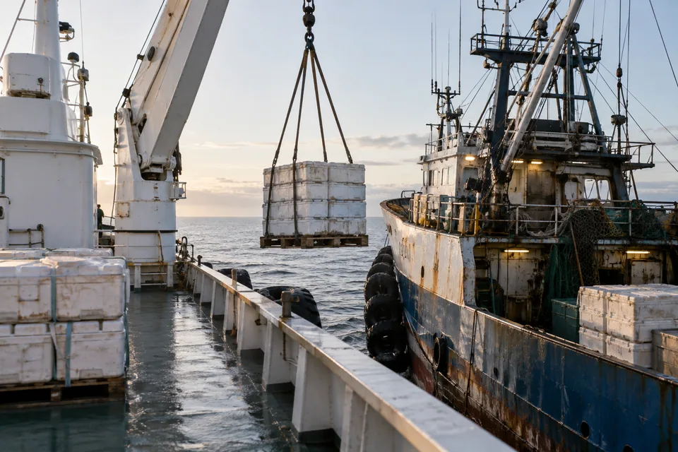 AI-generated illustration: A cargo crane moves a chilled freight sling between working vessels.