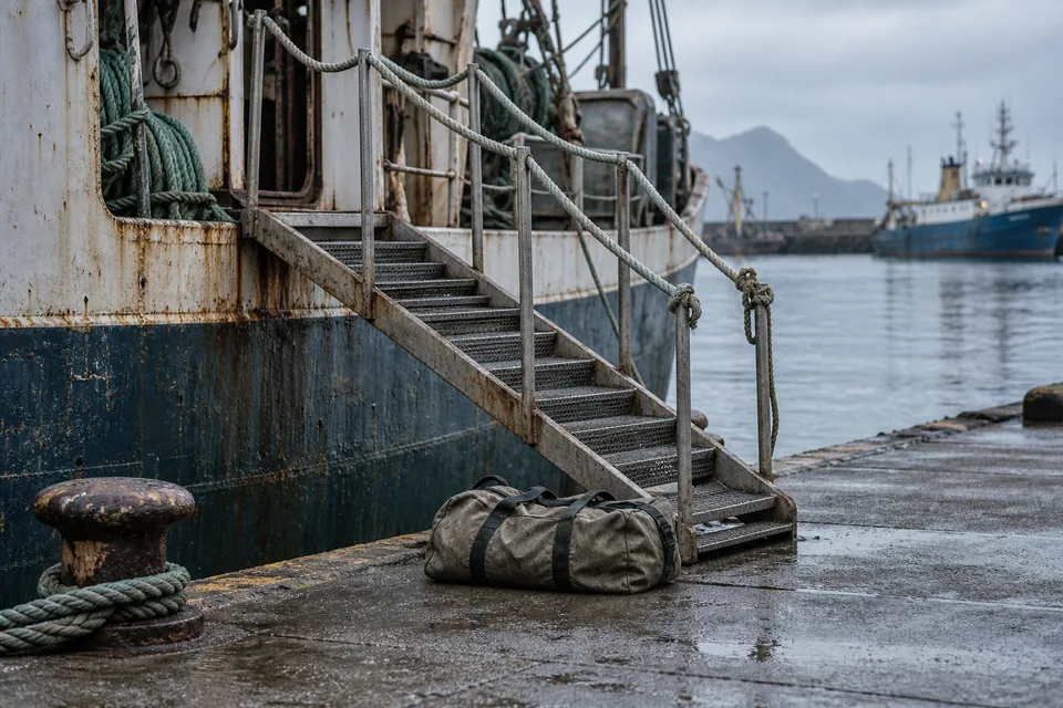 AI-generated illustration: An empty gangway between a fishing vessel and a quiet port quay.