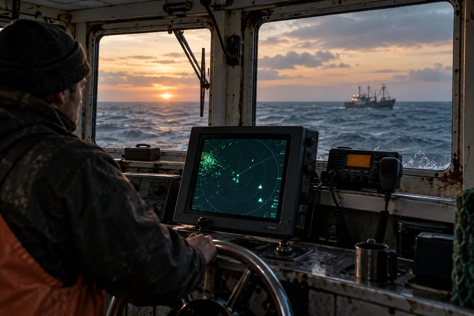 AI-generated illustration: Navigation instruments inside an unmarked fishing-vessel bridge.