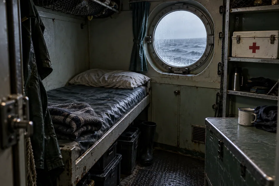 AI-generated illustration: An empty crew bunk beside a closed medical kit on a working fishing vessel.